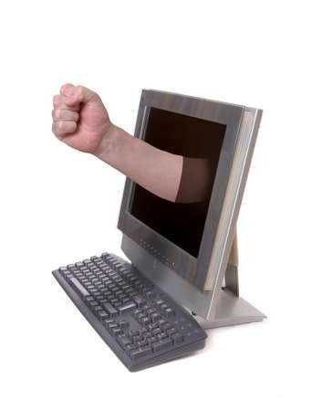 Ghost hand coming through LCD screen isolated on whiteの写真素材
