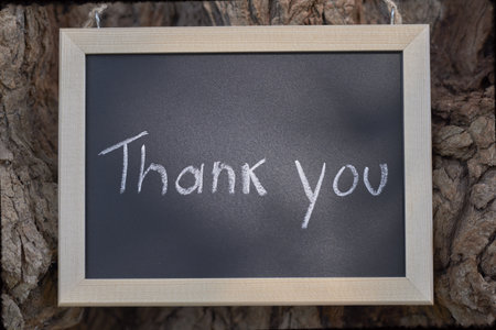 A chalkboard sign reads 'Thank you' in white chalk, suspended from a textured tree trunk. Rustic, outdoorsy vibe conveys gratitude.の写真素材