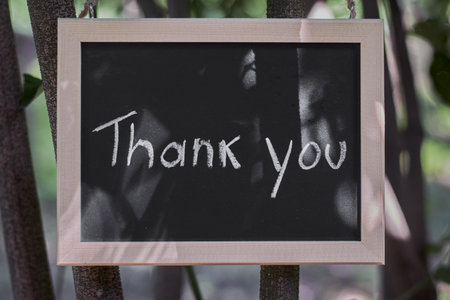 Thank You Chalkboard Sign Framed in Wood, Outdoor Gratitude Message for Event and Decorationの写真素材