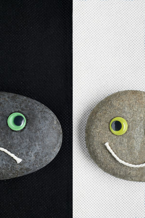 Two stone faces with googly eyes sit on split black and white textured fabrics. A rope mouth adds playful character, creating a whimsical, contrasting composition.の写真素材