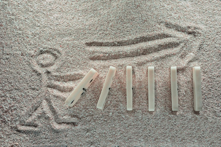 A row of white dominoes rests on fine sand, forming a simple shape and an upward-pointing arrow. The abstract arrangement conveys overcoming obstacles and achieving goals.の写真素材