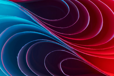 Macro photograph of paper edges revealing fine fibers and a gradient of blue and red shadows.の写真素材