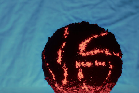 Floating spherical object with patterns of red electric light passing through a charred surface.