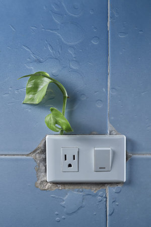 A vibrant green plant sprouts from the top of a white light switch mounted on a wall of worn blue...