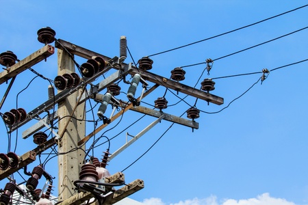 High electricity post on the skyの写真素材