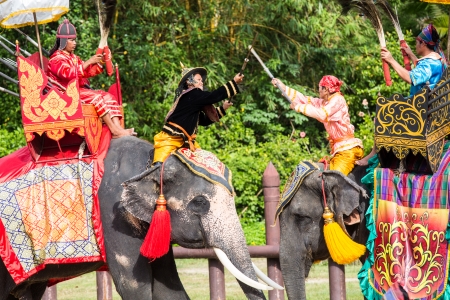 Samphran Elephant Groune and Zoo Nakorn Prathom THAILAND - 31 August 2013 - Thai warriors performing...