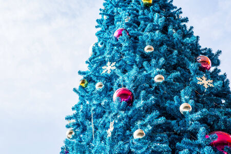 Decorated Blue Christmas tree on the skyの写真素材