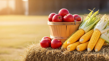 Fresh corn and red apples in basket on hay bale in farmの素材