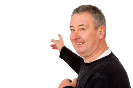 Man pointing at background