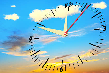 Clock with calendar at sunset in the sky, 3D illustrationの写真素材