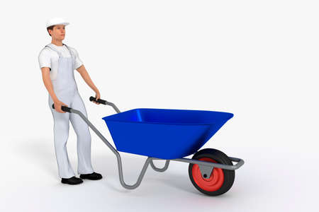 Construction worker with wheelbarrow, 3d illustrationの写真素材