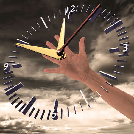 Hand reaches for clock
