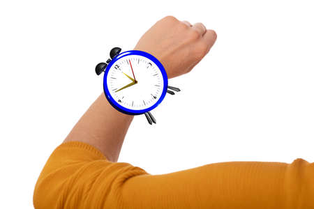 Woman has an alarm clock on her wrist