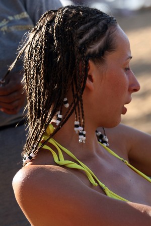 European woman with braids on the head