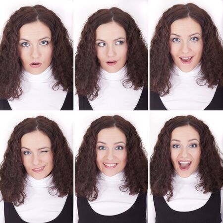 six female face expressions over white