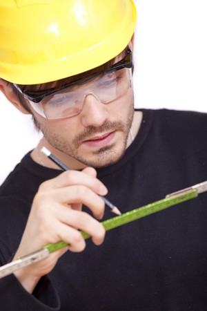 construction worker with pen working on white background