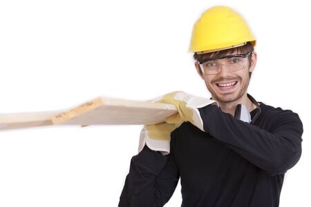 happy construction worker carrying wood - isolated on white background