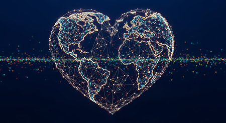 Abstract world map in a heart shape, constructed from connected dots and lines, symbolizing global love and unity on a dark blue background with bokeh lights.の素材