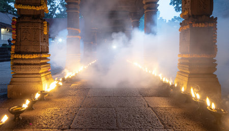 A pathway lined with oil lamps leading through an ancient stone archway, filled with mystical smoke and light during a festival celebration.の素材