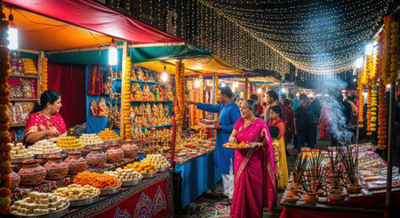 A bustling Indian market scene filled with people browsing colorful goods, creating a vibrant and lively atmosphere.の素材