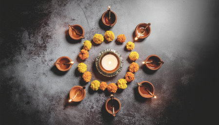 A beautiful overhead shot of traditional clay diyas arranged in a circular rangoli pattern with marigold flowers, celebrating Diwali, the Hindu festival of lights.の素材