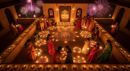 A large group of people celebrate Diwali with lit candles and fireworks in a courtyard.の素材