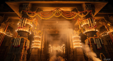 An ornate ancient temple glows with warm golden lights and marigold garlands at night, with mystical smoke creating a spiritual atmosphere during a traditional celebration.の素材