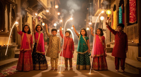 Group of children dressed in traditional Indian attire celebrating Diwali with sparklers, creating a festive atmosphere.の素材