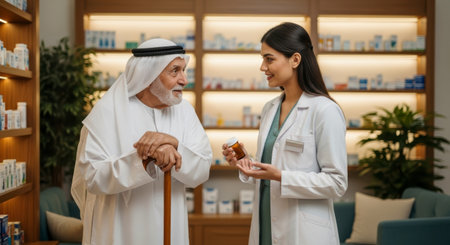 An elderly Arab man wearing traditional clothing and using a cane discusses medication with a female pharmacist in a well-stocked pharmacy.の素材