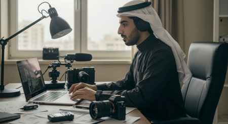 A man in traditional Arab attire works on a laptop surrounded by cameras and recording equipment in a home office setting. He is wearing headphones.の素材