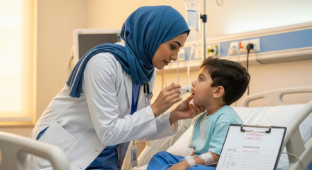 A compassionate female doctor, wearing a hijab and a white lab coat, gently examines the throat of a young male patient sitting on a hospital bed, ensuring his well-being.の素材
