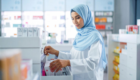 A focused female pharmacist, wearing a hijab, meticulously organizes medication on shelves in a brightly lit, contemporary pharmacy setting, ensuring everything is in order.の素材