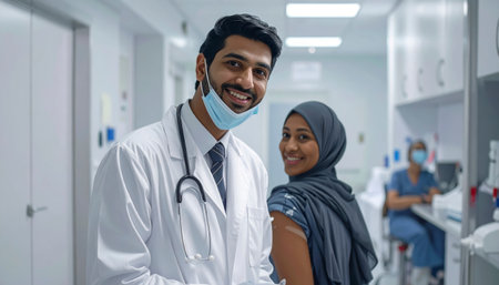 Friendly doctor and patient smiling at the camera in a modern hospital hallway. A positive and reassuring image of healthcare.の素材