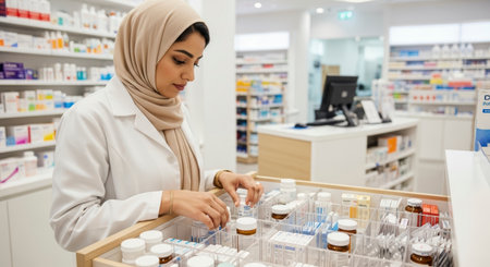 A young Muslim woman wearing a hijab and a white coat is carefully arranging prescription bottles in a pharmacy. The background shows well stocked shelves of medicines.の素材
