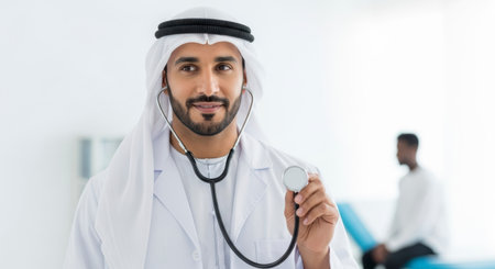 A portrait of a smiling Arab doctor wearing traditional clothing, holding a stethoscope, with a patient in the background.の素材