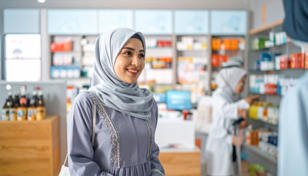 A beautiful young Muslim woman wearing a hijab smiles while shopping in a well-lit modern supermarket or pharmacy, with products visible in the background.の素材