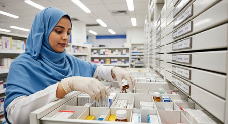A focused female pharmacist wearing a blue hijab and white gloves meticulously organizes various medications in drawers within a well-lit pharmacy setting.の素材