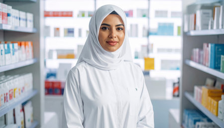 A young female pharmacist, wearing a white hijab and lab coat, stands in a modern pharmacy.の素材