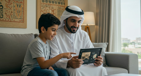 A father and his young son are sitting on a couch, looking at a tablet together. They appear happy and engaged.の素材