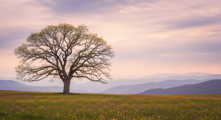 A grand, leafless tree dominates a grassy field, with rolling hills fading into a soft, cloudy sky at dusk.の素材