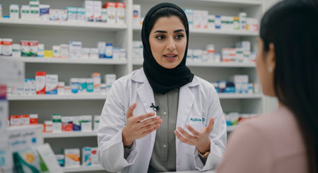 A pharmacist in a white coat and hijab is speaking to a customer in a pharmacy. The pharmacy is well-stocked with various medications and products.の素材