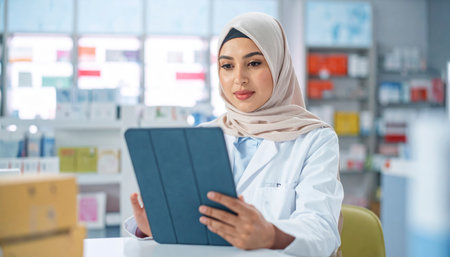 A pharmacist wearing a hijab is holding a tablet in a pharmacy setting, possibly checking prescriptions or managing inventory.の素材