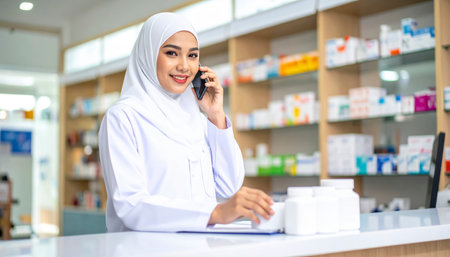A smiling female pharmacist wearing a hijab is seen at her pharmacy counter, talking on the phone and assisting customers.の素材