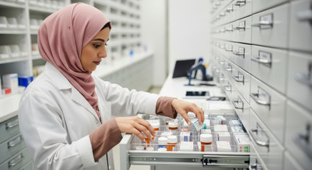 A dedicated female pharmacist wearing a hijab and white lab coat carefully sorts and organizes prescription medication bottles from a drawer in a modern, well-stocked pharmacy.の素材