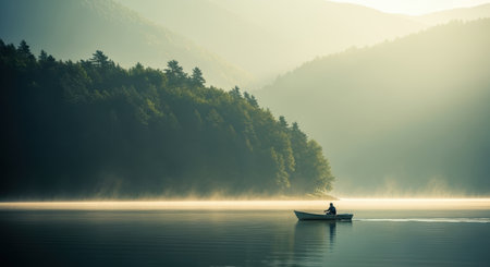 A tranquil landscape of a single person in a small boat on a still lake surrounded by a misty forest. The early morning light creates a peaceful and reflective mood.の素材
