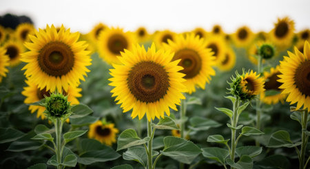 A close-up shot of a sunflower field, with many sunflowers in full bloom, their yellow petals radiating outwards. The image captures the beauty of nature, with a blurred background of more sunflowers and a cloudy sky.の素材
