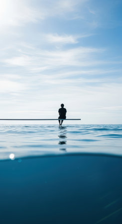 A solitary person sits on the edge of a body of water, with a clear sky and the water split in half.の素材