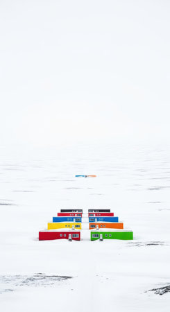 A minimalist photograph featuring a symmetrical pyramid of brightly colored rectangular blocks set against a vast expanse of pure white snow. The stark contrast creates a striking visual.の素材