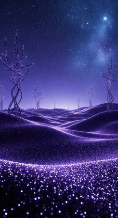 A surreal landscape bathed in purple hues, featuring rolling hills, sparse trees, a starry sky, and glowing flora in the foreground.の素材