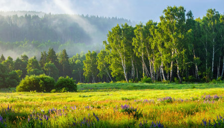 A vibrant meadow leads to a dense forest under a soft morning mist, creating a serene and picturesque natural scene.の素材